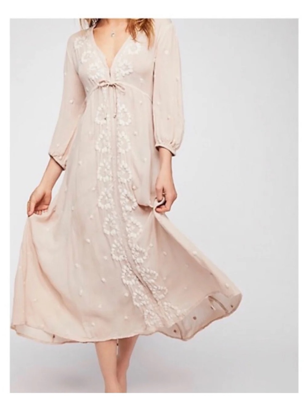 Free People Embroidered Fable Midi Dress in Antique Pink Medium